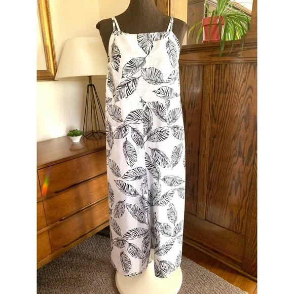 Jumpsuit Tropical Black White Strappy Wide Leg Linen Look Casual Summer Sz M/L - Picture 2 of 9